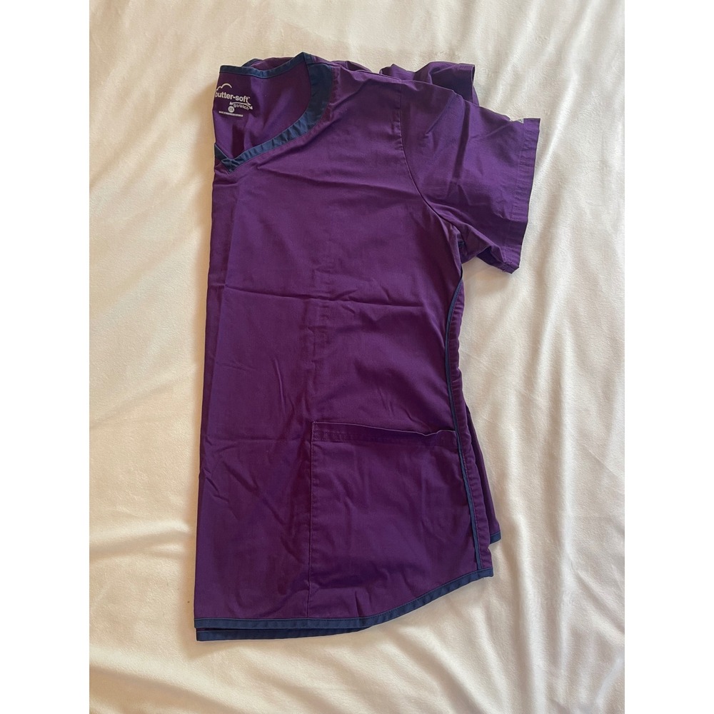 Butter-Soft Stretch Womens Scrub Top 2X Plum Purple Navy Trim V-Neck Pockets - Picture 4 of 10